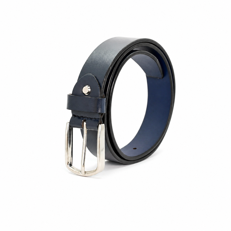 Lucini Men’s Leather Shiny Nickel Buckle Belt 004 – Dark Navy