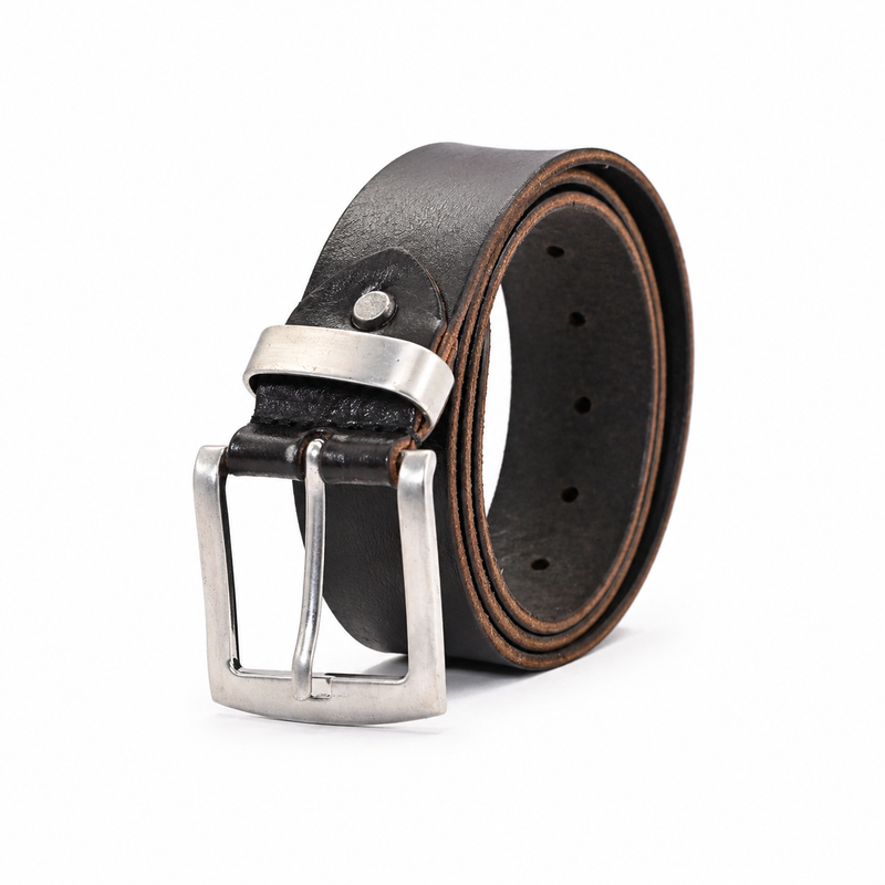 Lucini Men’s Smooth Leather Classic Pin Buckle Belt 046 – Black