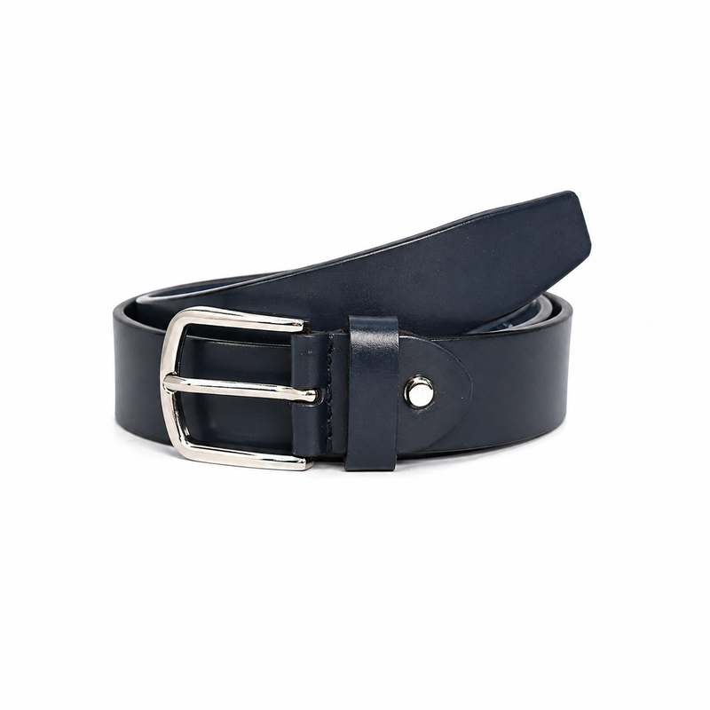 Lucini Men’s Leather Shiny Nickel Buckle Belt 004 – Dark Navy