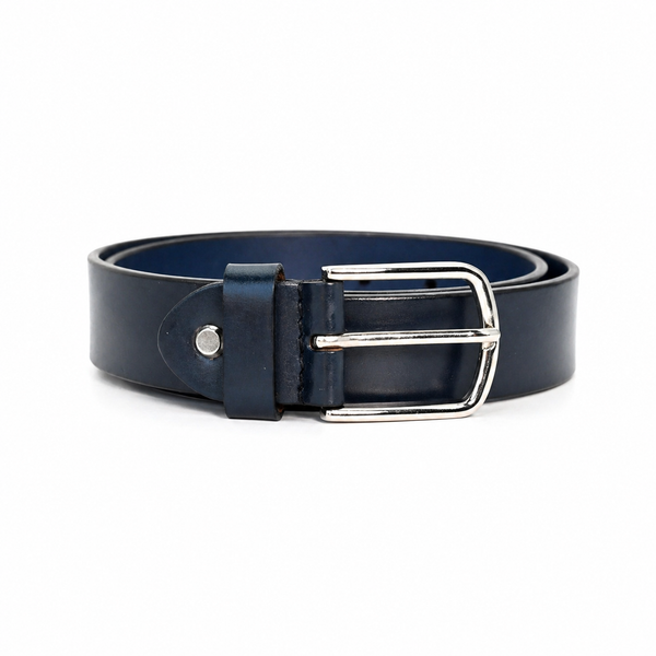 Lucini Men’s Leather Shiny Nickel Buckle Belt 004 – Dark Navy