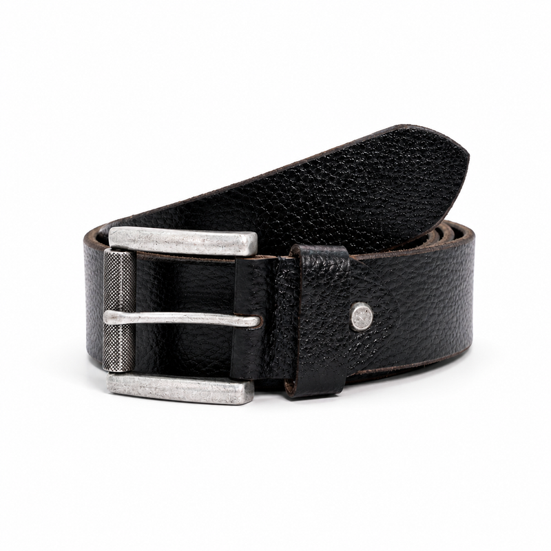 Lucini Men’s Textured Leather Designer Buckle Belt 013 – Black