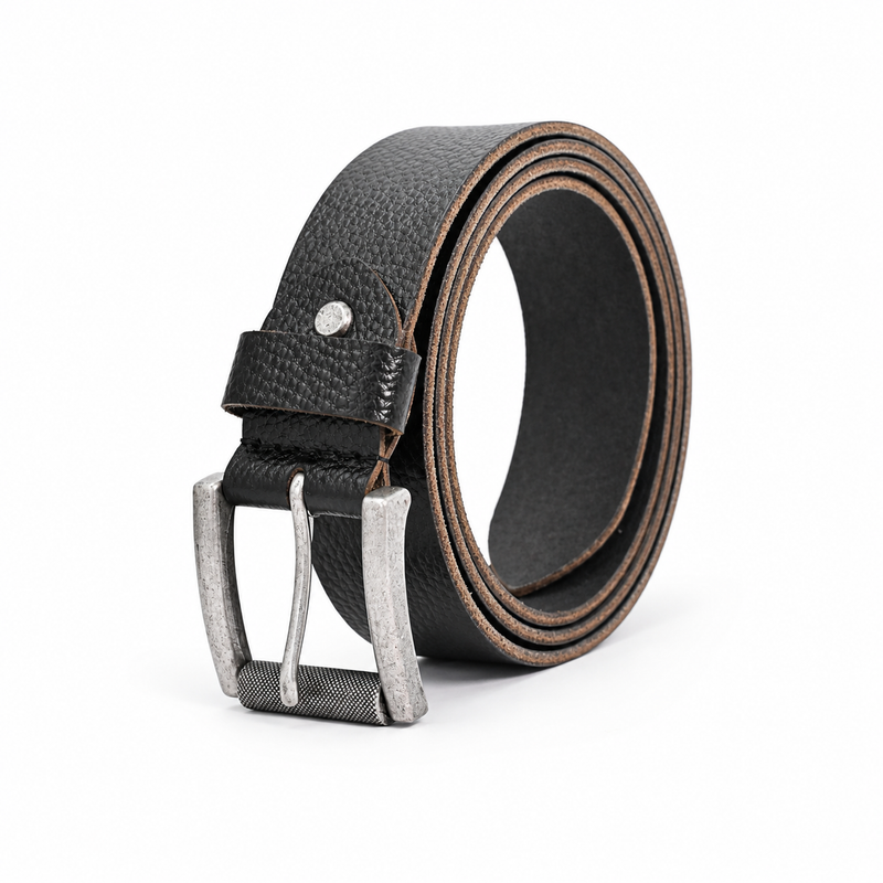 Lucini Men’s Textured Leather Designer Buckle Belt 013 – Black