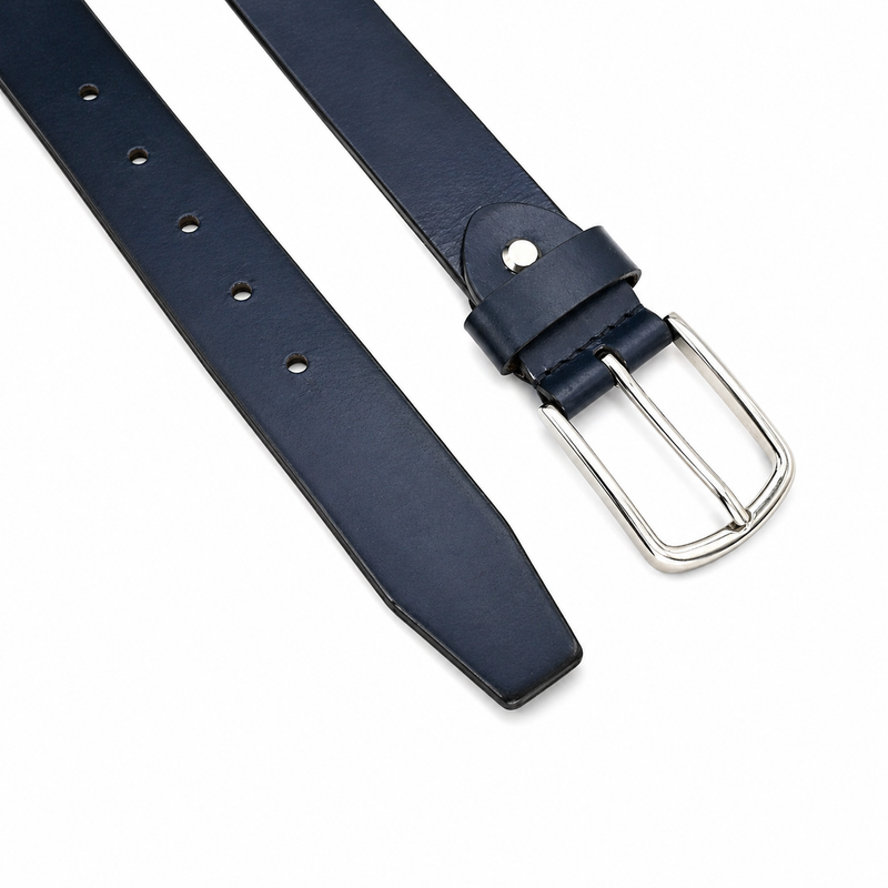Lucini Men’s Leather Shiny Nickel Buckle Belt 004 – Dark Navy