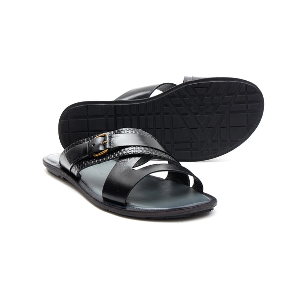 Lucini Men's Leather Buckle Strap Sandals | 62701 | Black