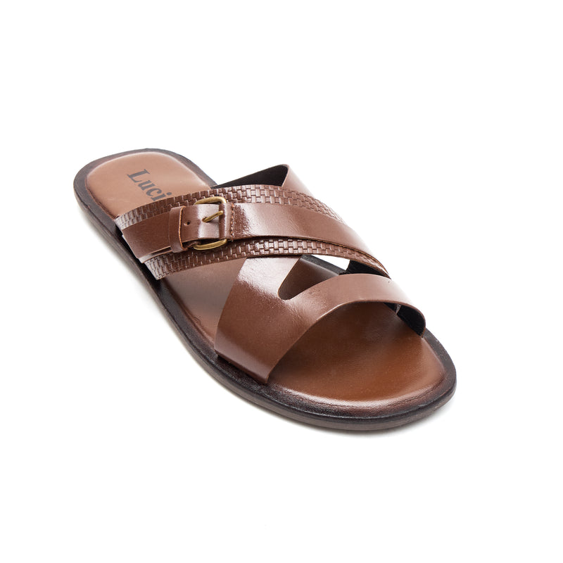 Lucini Men's Leather Buckle Strap Sandals | 62701 | Brown