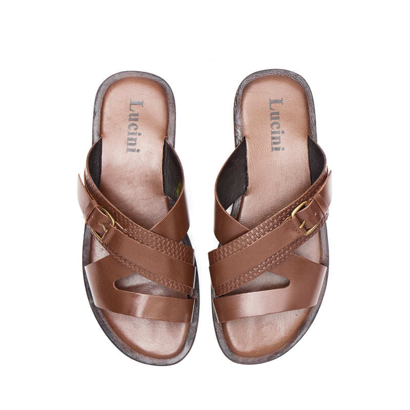 Lucini Men's Leather Buckle Strap Sandals | 62701 | Brown