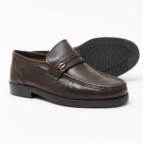 Brown leather loafer shoe on a white background