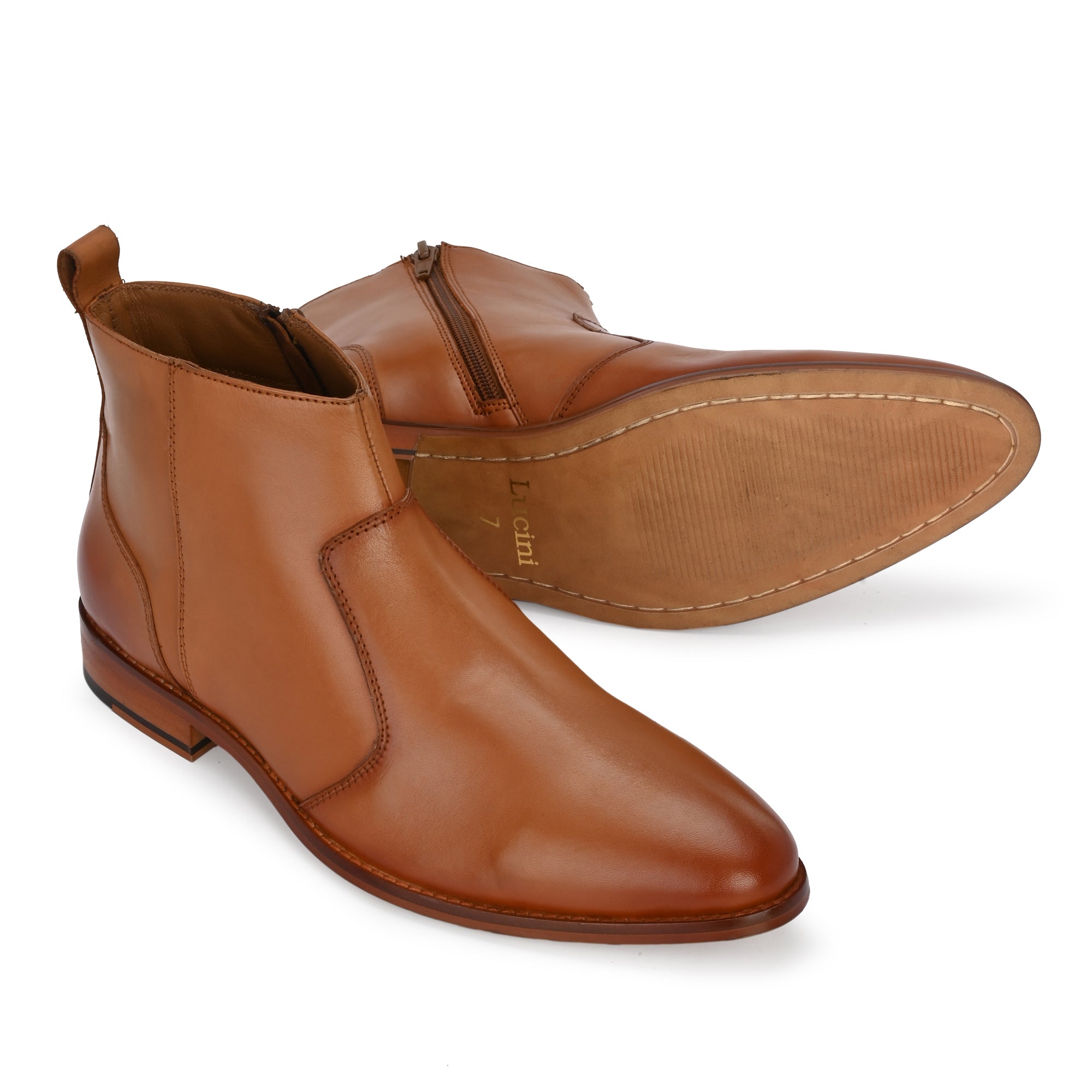 2146 - Leather Slip On Side Zip Ankle Boots (Tan Brown)