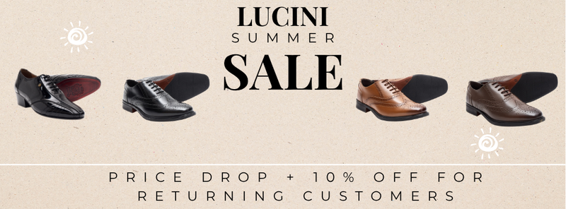  Lucini Summer Sale advertisement with shoes on a beige background