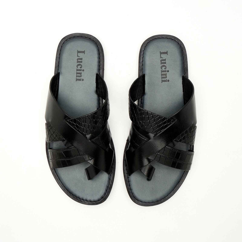 Lucini Men’s Leather Cross Strap Sandals 61337 – Black