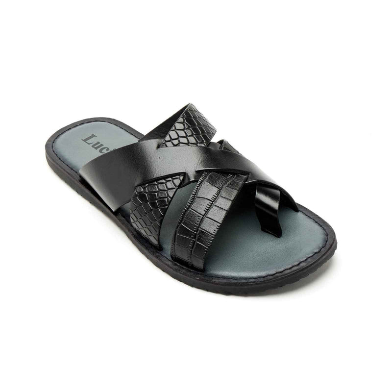 Lucini Men’s Leather Cross Strap Sandals 61337 – Black