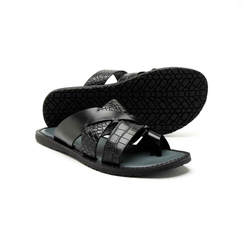 Lucini Men’s Leather Cross Strap Sandals 61337 – Black