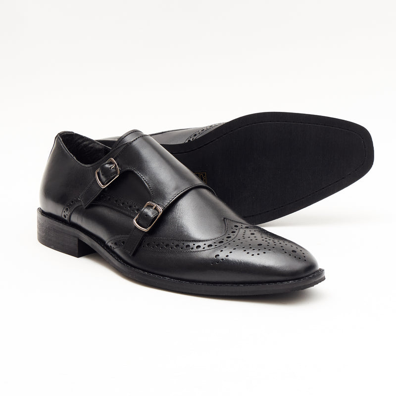 Mens Leather Double Monk Shoes 27701_Black