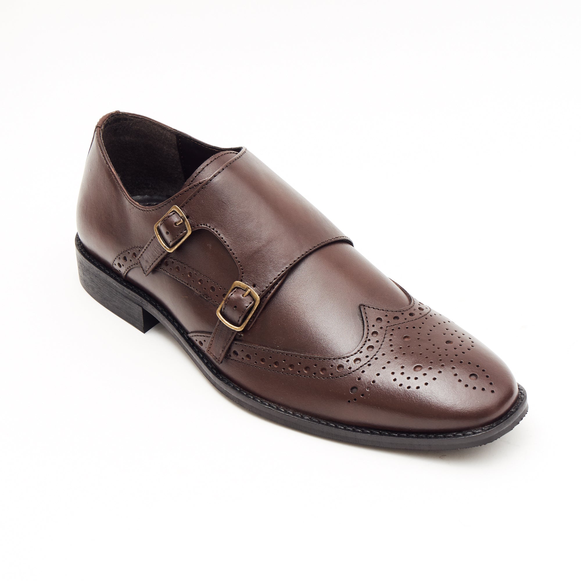 Mens Leather Double Monk Shoes 27701_Brown