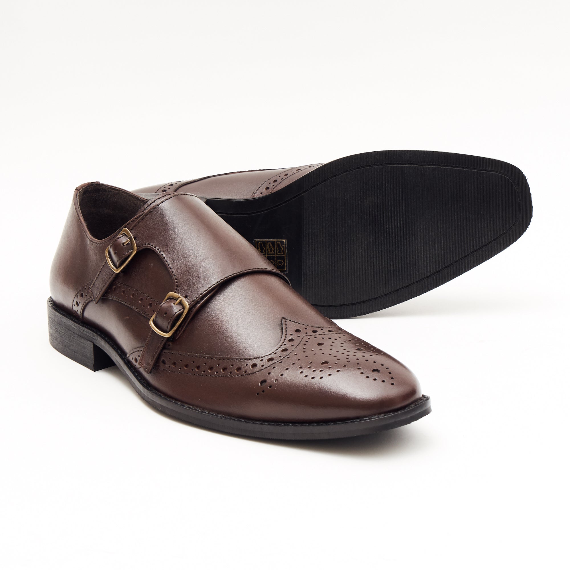 Mens Leather Double Monk Shoes 27701_Brown