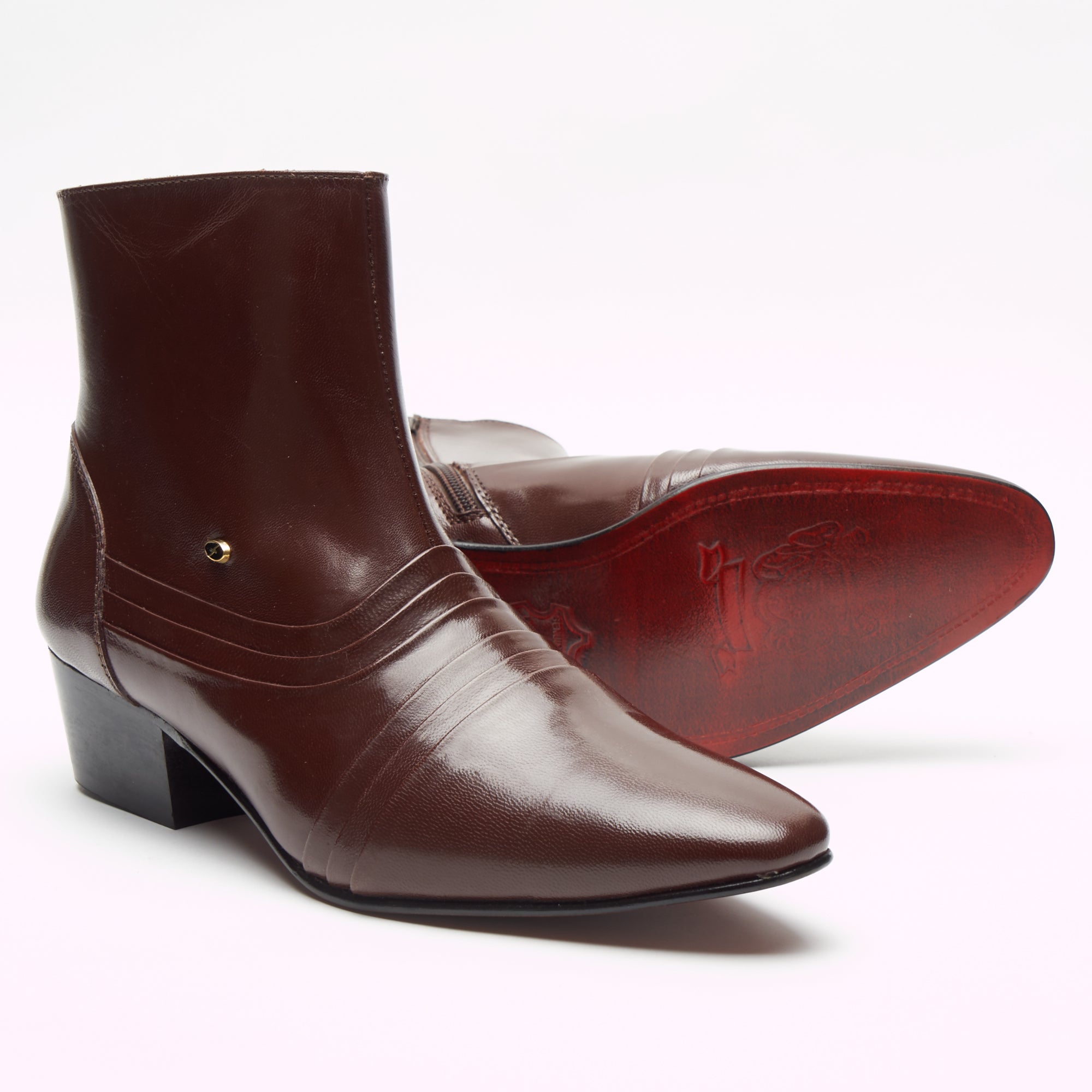 Lucini Men's Brown Leather Cuban Heel Boots with Side Zip – Lucini